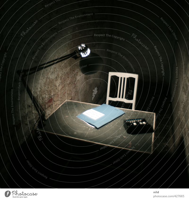 Interrogation Room - Making of Alkaline Living or residing Arrange Interior design Lamp Desk Chair Cellar Office File Dark Creepy Blue Black Comfortless Cold