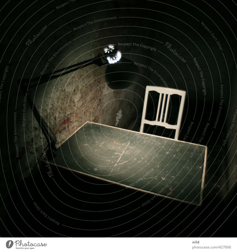 Interrogation Room - Making of Alkaline Cellar Table Chair Lamp Desk lamp Dark Creepy Emotions Moody Orderliness Fear Questioning Sparse Cold Colour photo