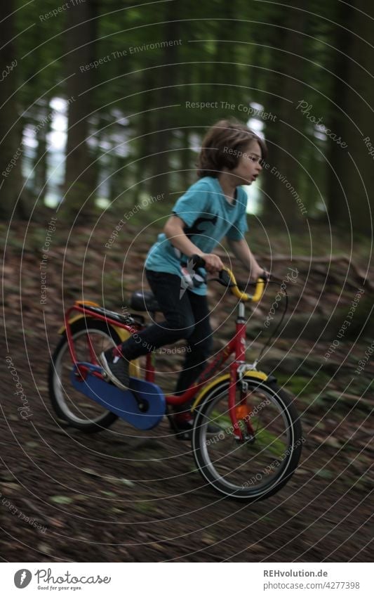 Child riding a bike through the forest Human being Boy (child) Bicycle Adventure Sports Exterior shot Infancy Movement Effort Happy Playing Driving Authentic