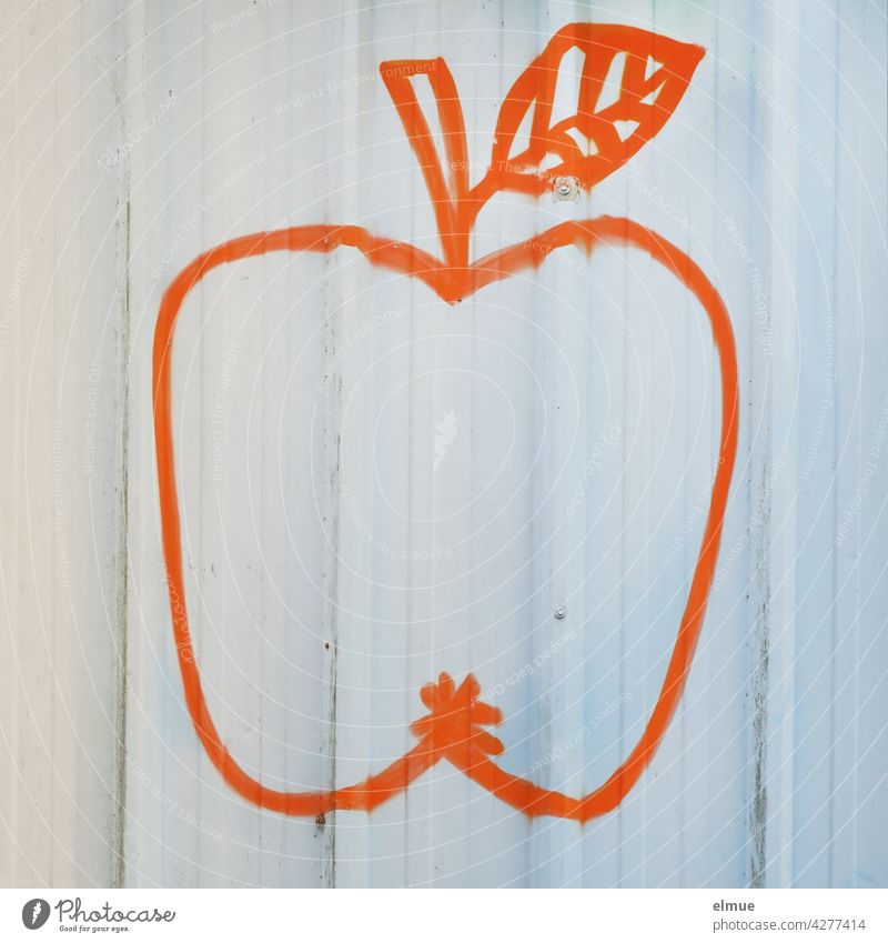 An orange stylized apple with stem and leaf on a white wall Apple conventionalize Orange handle Leaf Painting (action, artwork) spray Wall (building)