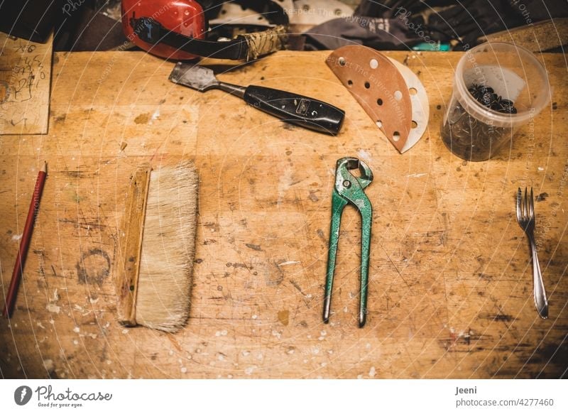 Everything has its place | even in the carpenter's workshop everything is in order - pencil, broom, tongs and cake fork Joiner carpentry Joiners workshop Wood