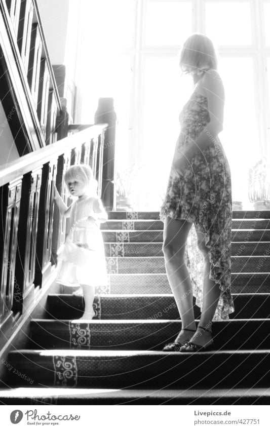on the stairs Human being Feminine Child Toddler Woman Adults Mother Infancy Body 2 1 - 3 years 30 - 45 years Sun Sunrise Sunset Sunlight Stairs Window Dress