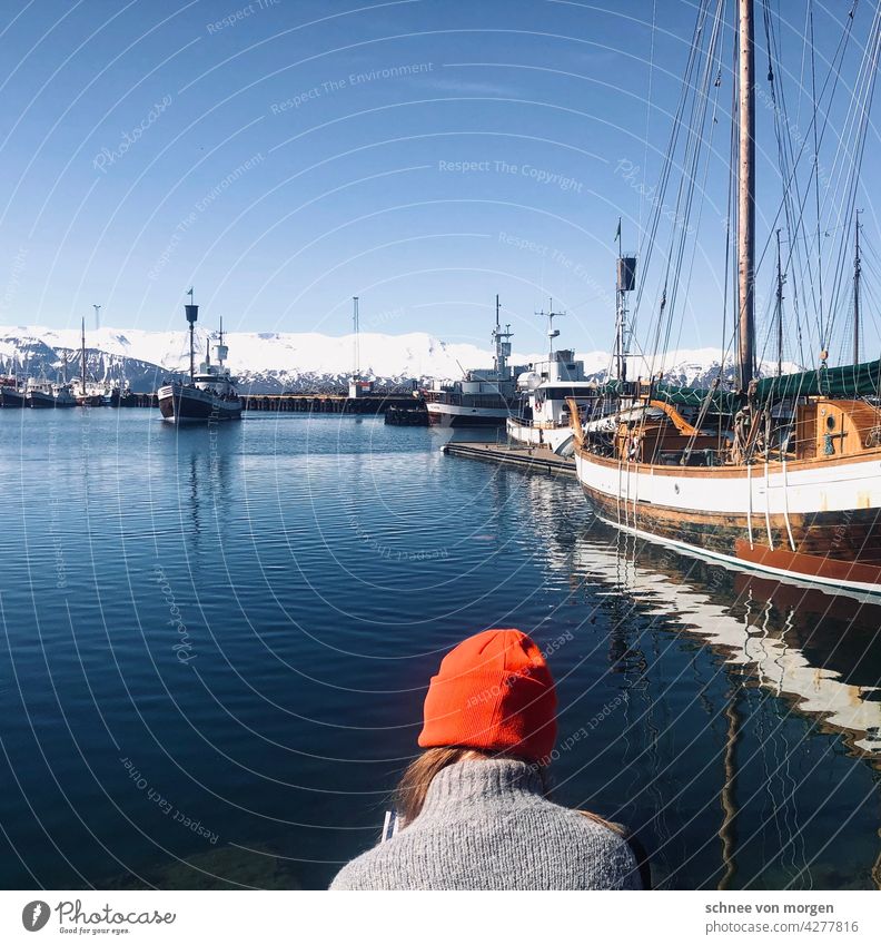 Orange cap at the harbour Ocean Cap Summer vacation Harbour ships boats Environment Water Sky Vacation & Travel coast Nature Blue Exterior shot Landscape Whales