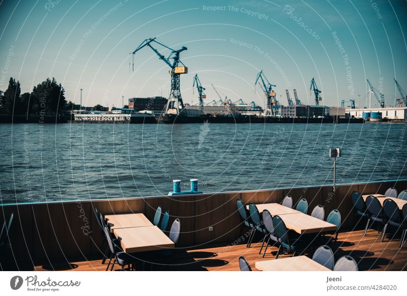 Harbour tour with coffee and cake? | Excursion steamer without guests in the harbour Hamburg Port City Hafenstraße Crane cranes Skyline Elbe Water Transport