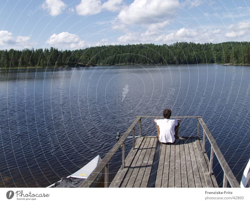 In the peace lies the strength Canoe Think Footbridge Lake Forest Tree Calm Relaxation Clouds Summer Man Vacation & Travel Europe Water Sweden ponder Coast