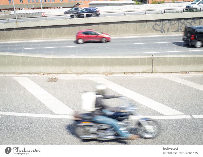 Traffic on the urban motorway Highway Street Car Bicycle Speed Road traffic motion blur Means of transport Vehicle Traffic infrastructure Driving Mobility