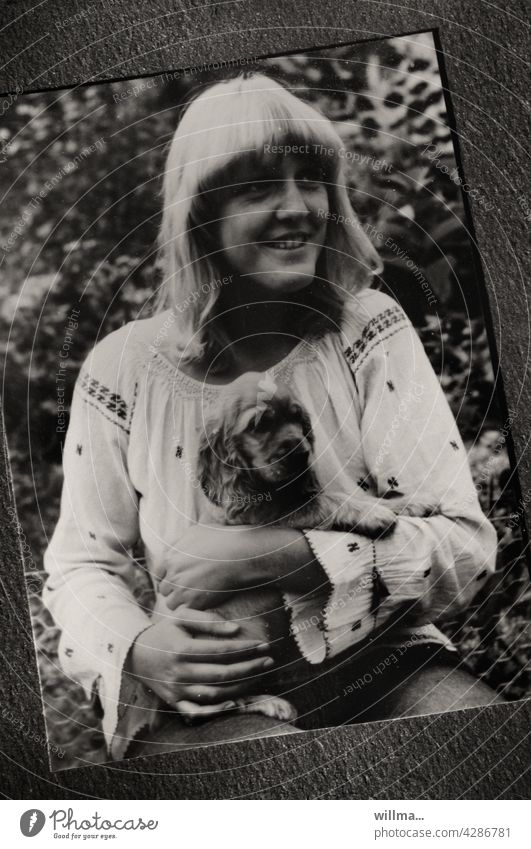 a young girl in hippie look with a little dog puppy Analog photo Hippie look Blonde Young woman Woman Bangs Dog Puppy Cocker Spaniel Smiling Seventies Look