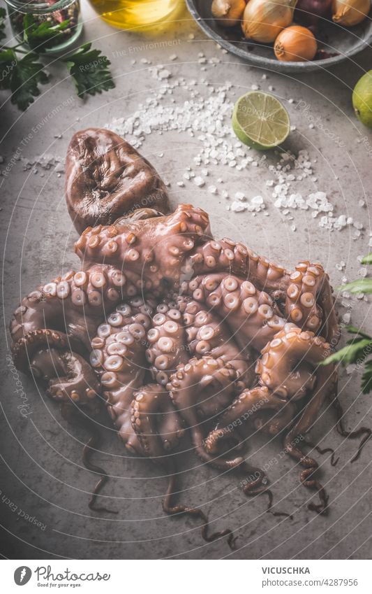 Uncooked raw octopus with lime, vegetables, herbs and salt. Fresh seafood concept on dark concrete background. Top view. Close up uncooked fresh top view