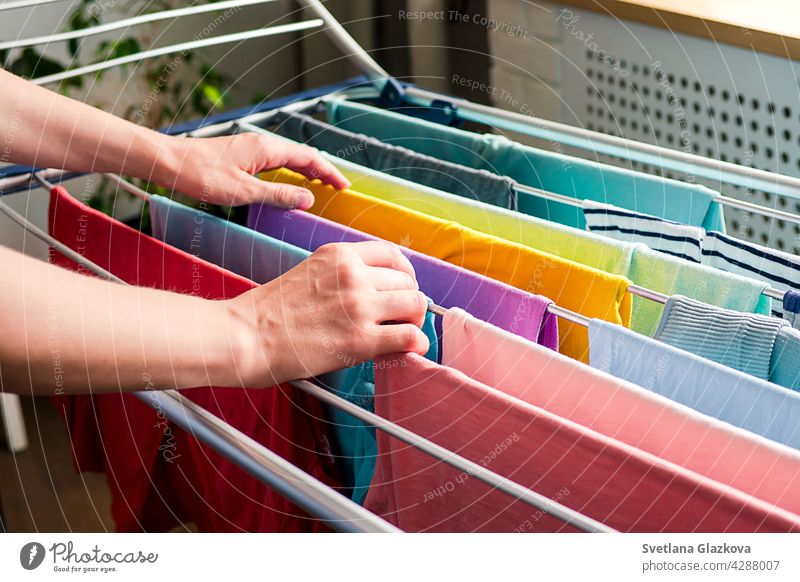 Laundry day Rainbow color clothes hanging on washing line to dry indoors home laundry clean household rainbow clothing housework cotton fresh textile domestic