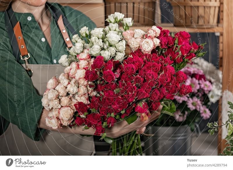 Woman florist is holding a large bouquet of roses. Florist workplace. Small business concept. Flowers and accessories shop. Close-up beautiful woman make gift