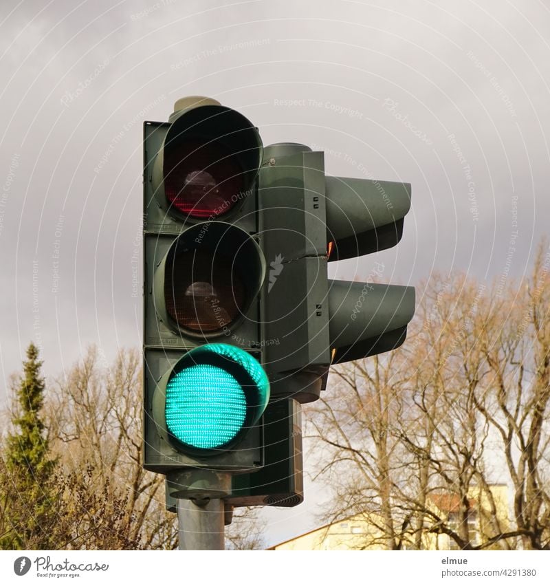 A traffic light at a pedestrian crossing is green for vehicles / light signal system / free passage Traffic light Road traffic Traffic lights Green free ride
