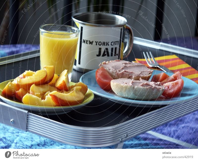 breakfast in bed Liver sausage Orange juice Tray Breakfast Roll Cup Mug Bed Wake up Nutrition Bedroom Household Fruit Coffee Morning