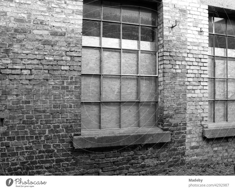 Old muntin windows of a former factory with old brickwork in Offenbach am Main in Hesse, photographed in neo-realistic black and white Factory factory building