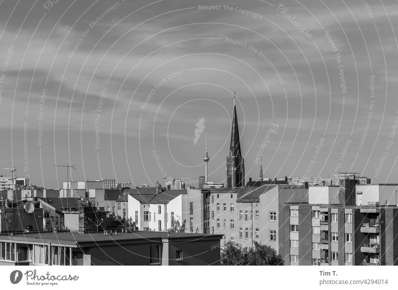 Berlin Kreuzberg with church - and television tower Television tower Church spire b/w Mehringdamm Black & white photo Architecture Exterior shot Deserted