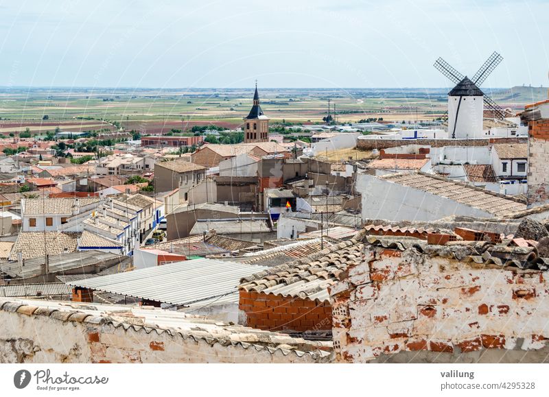 View of Campo de Criptana, a village in Castilla La Mancha, Spain, famous for its windmills on Don Quixote Route Cervantes Ciudad Real Don Quijote