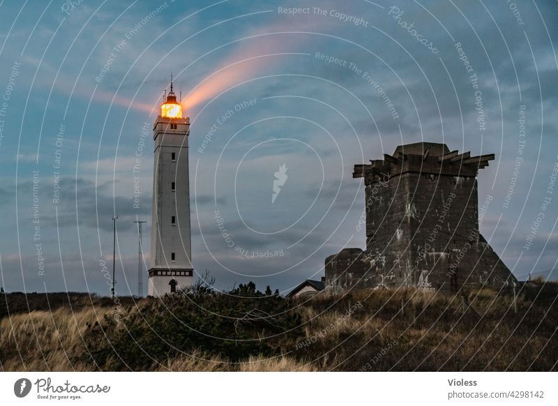 Blavands HukBlavands - Lighthouse Cone of light Dark Twilight Sunset North Sea fyr lighthouse Jutland Marram grass Beach dune duene Denmark Blavands Fyr Nature