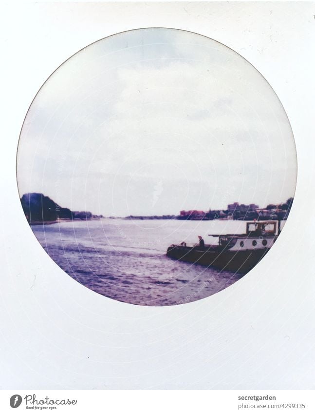 Round Frame - the old man and the sea. Polaroid Navigation ship Elbe Water River Artistic Analog Hamburg Port City Cutter Exterior shot Inland navigation Blue