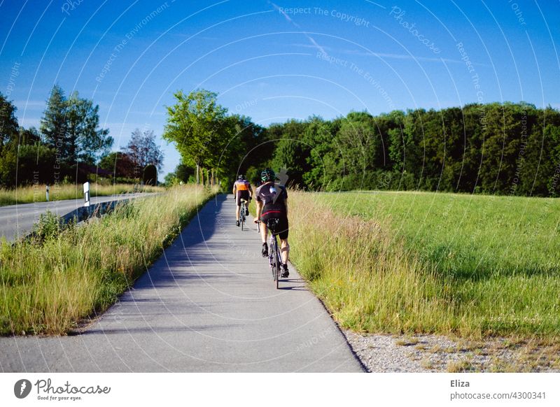 Two road cyclists ride on the bike path next to a road in summer. Road cyclist Racing cycle cycling Bicycle Movement Cycling Sports Street Country road trees