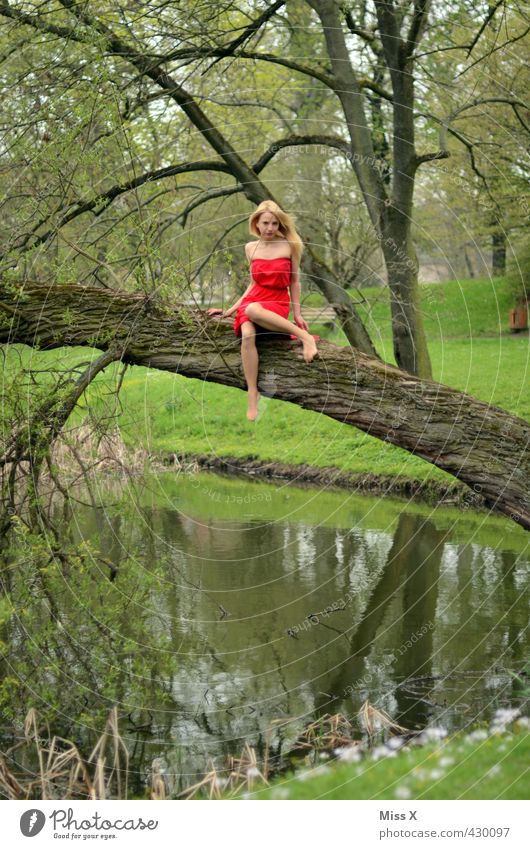 red on green Human being Feminine Young woman Youth (Young adults) 1 18 - 30 years Adults Nature Spring Summer Tree Park Forest Bog Marsh Pond Lake Dress Blonde