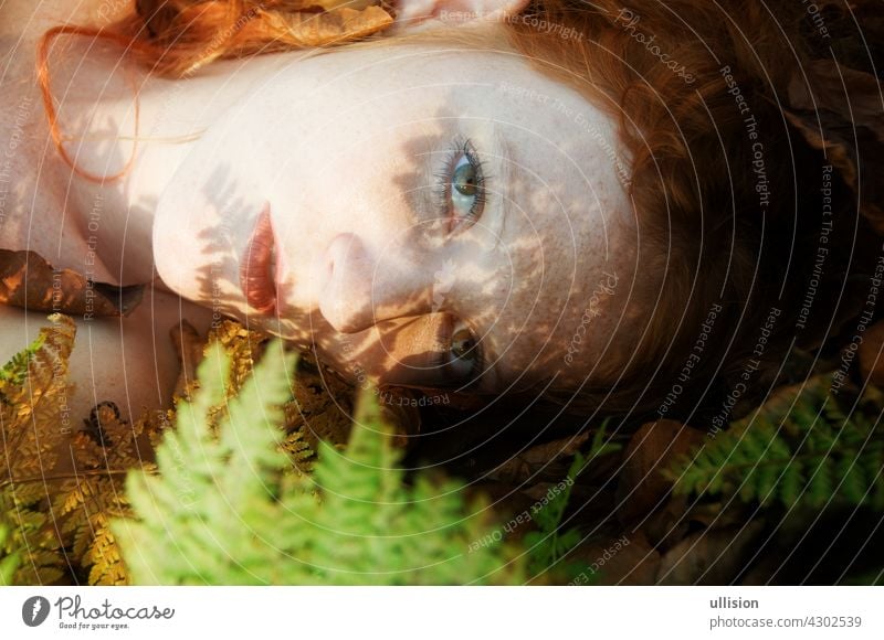 portrait of a beautiful natural sexy redheaded woman on the forest floor with the shadow of a fern leaf on her face leaves princess garden elf femininity myth