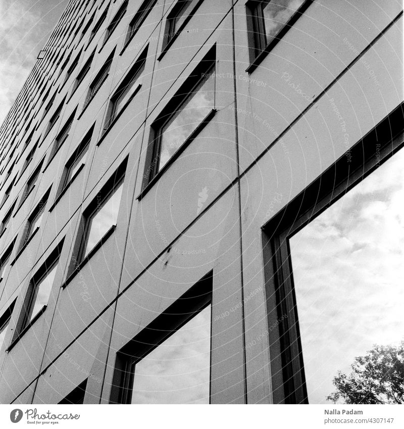 House facade with an open window Analog Analogue photo B/W Black & white photo black-and-white Architecture Wall (building) Facade Window Glass Closed