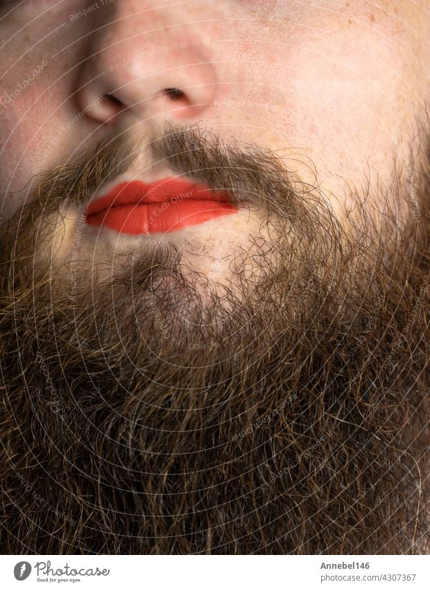 Bearded Man with Red Lipstick on His Lips , handsome pride transgender portrait lgbtq, transsexual concept lipstick beard red makeup man mouth face model