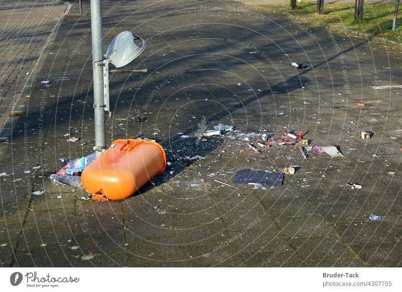 Destroyed litter bin Vandalism waste bins Trash Trash container dustbin Environmental pollution Waste management Throw away Environmental protection