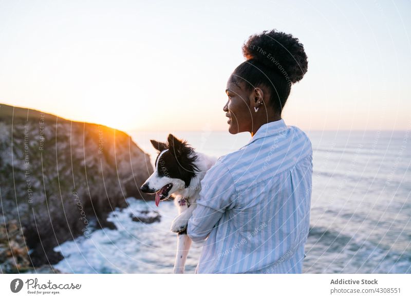 Happy black woman having fun with dog on beach sunset together play love happy owner pet animal companion canine female sea purebred border collie ocean loyal