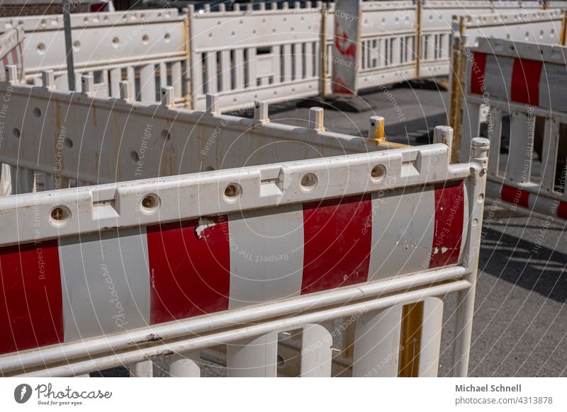 Construction site barriers and footpath Construction site fencing Reddish white red-white-striped Red-white-red cordon Safety Structures and shapes Protection