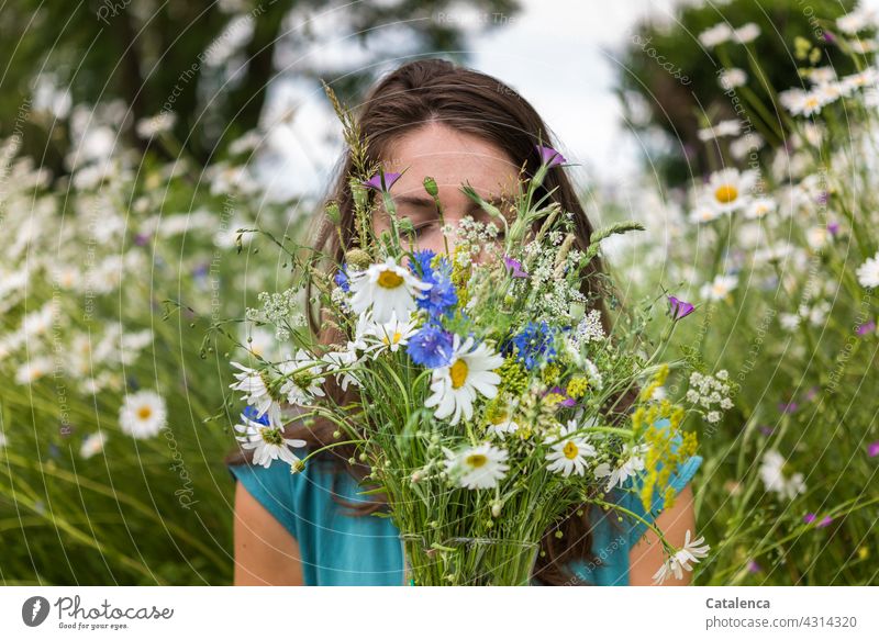 Young woman covers her face with a bunch of meadow flowers White Blue Green daylight Day Tree Summer Sky Grass cornflowers Margarites Bouquet blossom fade