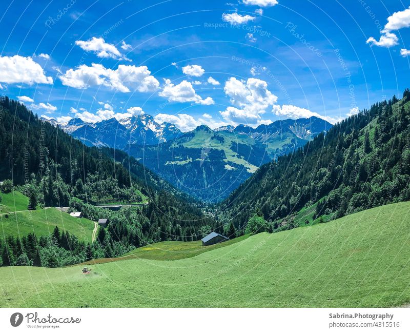 View of mountains in good weather in Faschina, the highest settlement in the Great Walser Valley, Vorarlberg, Austria large walsertal Nature Colour photo