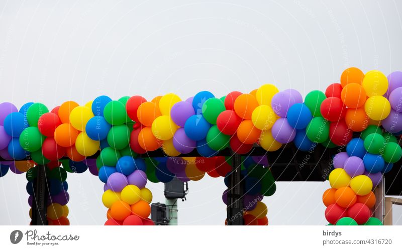 Many balloons joined together to rainbow colors. Symbol for freedom, respect, homosexuality and gender justice. Prismatic colors variegated Homosexual queer