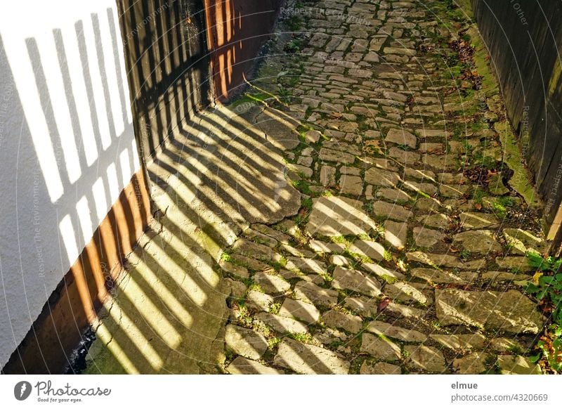 On the old cobblestone path falls the shadow of the wooden picket fence Cobblestone Path Paving stone off Shadow Wooden fence secret Old Mysterious Fence