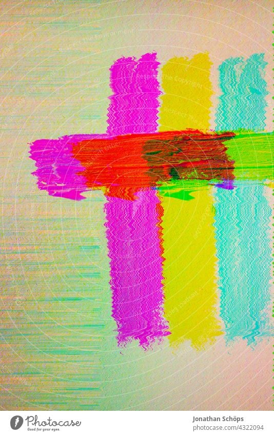 colorful painted cross on paper multicolor glitch effect Close-up Interior shot Colour photo Reduced Jesus Christ God Salvation Paper Painted Death Grief