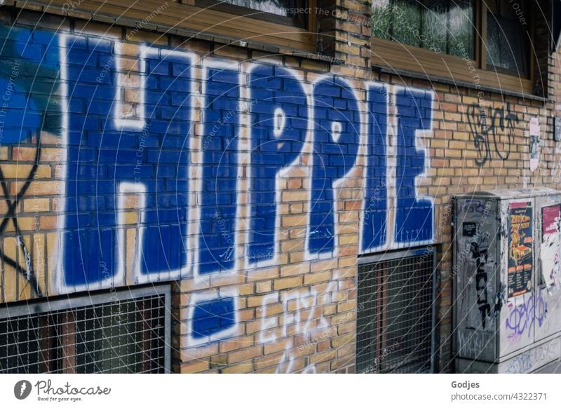 word 'hippie' painted on a house wall| drawn & painted Hippie Graffiti Characters Wall (building) Facade Wall (barrier) Exterior shot Deserted
