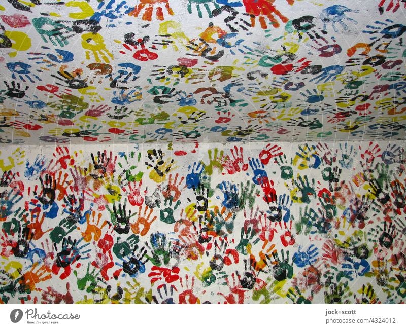 drawn & painted | hand by hand in every corner on every wall Hand Street art Wall (building) Imprint Touch Together Many Society Inspiration Teamwork