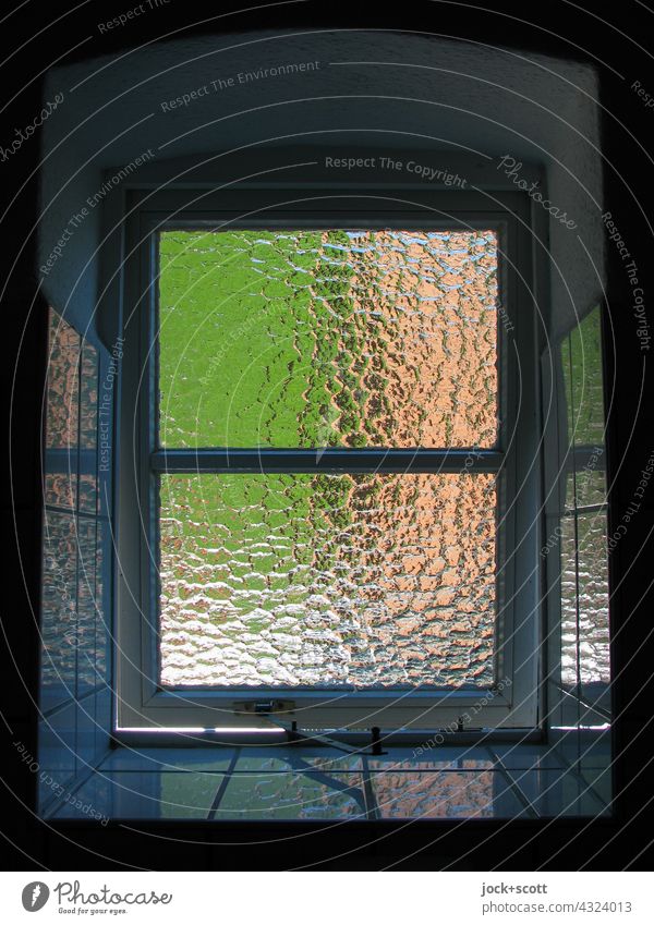 Window with ribbed glass pane windowsill Window reveal corrugated Glass Window pane Reflection tiles Architecture Sunlight transparent Surface structure