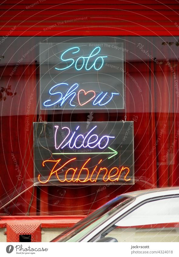 Solo Show Video Booths neon sign Neon light Word Signs and labeling Shop window Design Illuminate Typography porn cinema Neon sign Drape Car Window Windscreen