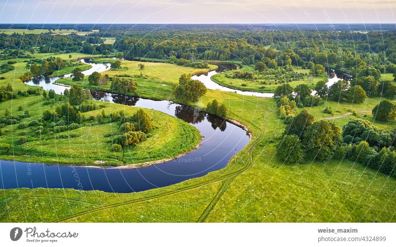 Meander evening panorama. Oak trees on Svilsoch riverbank. Summer sunny landscape summer nature green aerial forest water oak background beautiful view grass