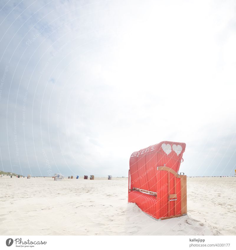 island love Beach chair Red Love Heart Vacation & Travel Amrum Basket tranquillity Sex Ocean coast Summer Sand Baltic Sea North Sea Relaxation Blue Tourism Sky