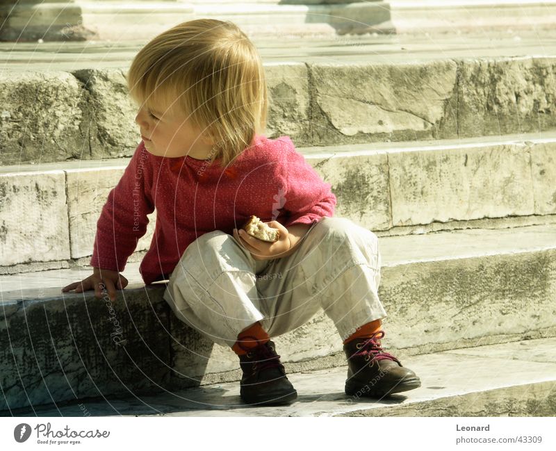 on the steps Child Bread Human being Sun Stairs Stride Shadow sight stair shade shine sunshine