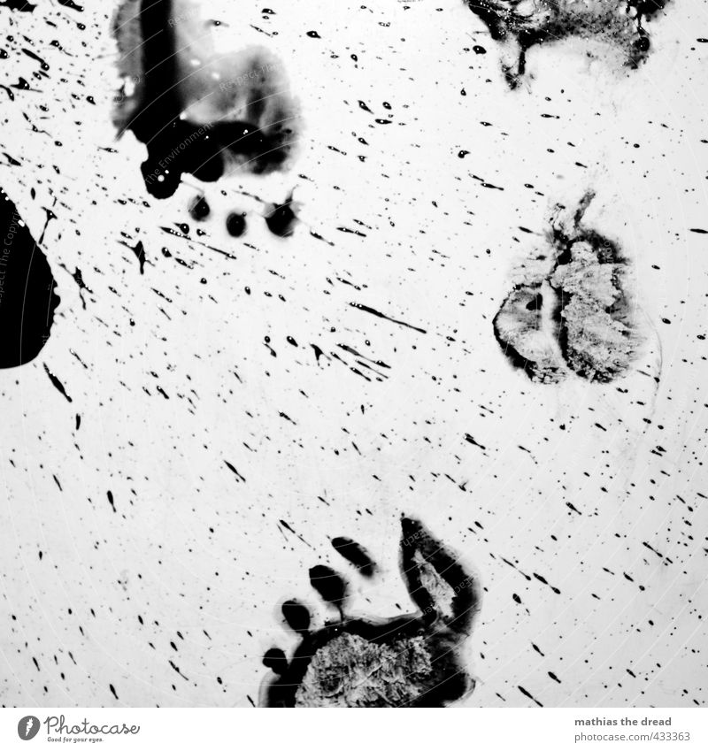 PLATTER PLATTER III Feet Dirty Dye Ink Imprint Footprint Inject paint splashes Children's foot Black Black & white photo Interior shot Neutral Background