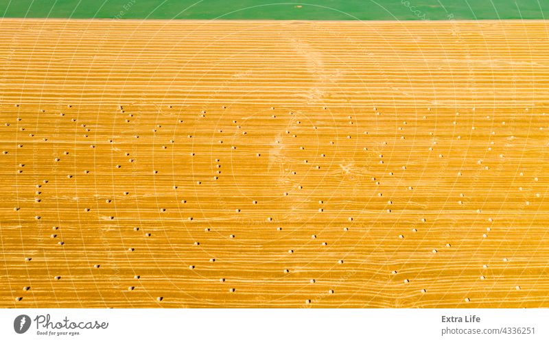 Aerial view of field with lined straw bales on farm fields Above Across Agricultural Agriculture Bale Cereal Country Crop Cultivated Cultivation Dolly Dry Farm