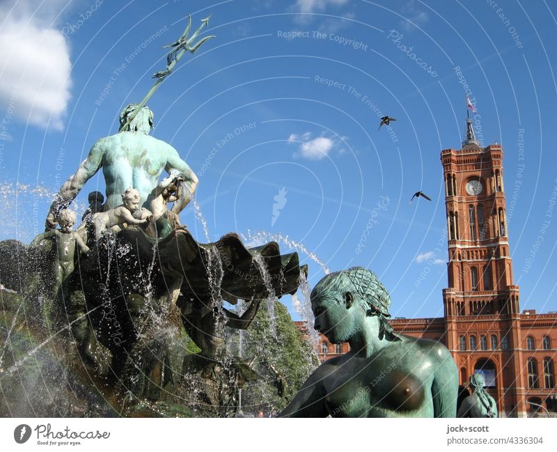 Alte Mitte - Neptune Fountain + Red Town Hall Neptune Well Rotes Rathaus Downtown Berlin Capital city Germany Tourist Attraction Neo baroque bronze figure