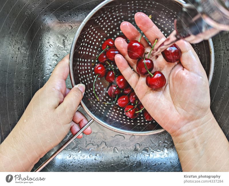 Ripe fresh cherries berry in steel sieve is hand washed under tap water in sink fruit summer cooking top view kitchen woman vibes ripe pov hand washing metal