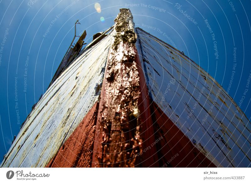 pitted Fishing boat Old Broken Blue Red White Keel Plank Reflection Sky Putrefy Bow wooden boat Motor barge Dinghy sloop Upward