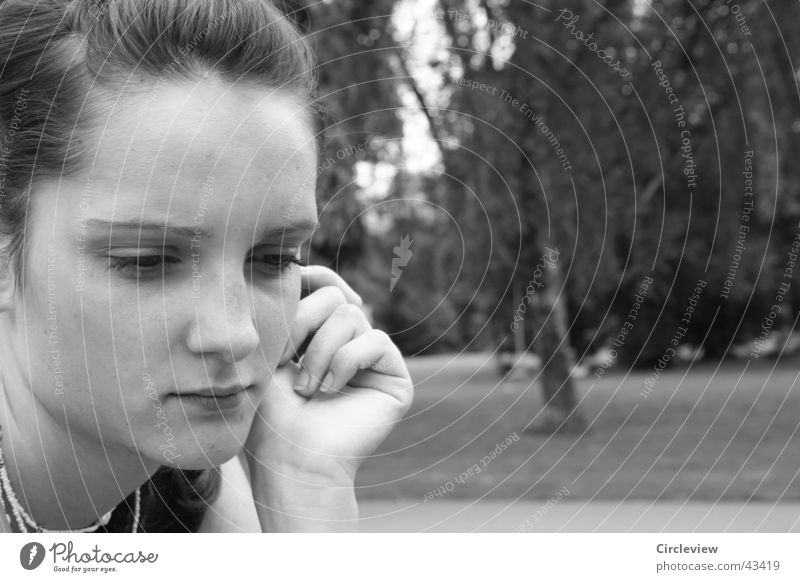 Constantly in thought Woman Hand Black White Park Portrait photograph Man Face Looking Black & white photo