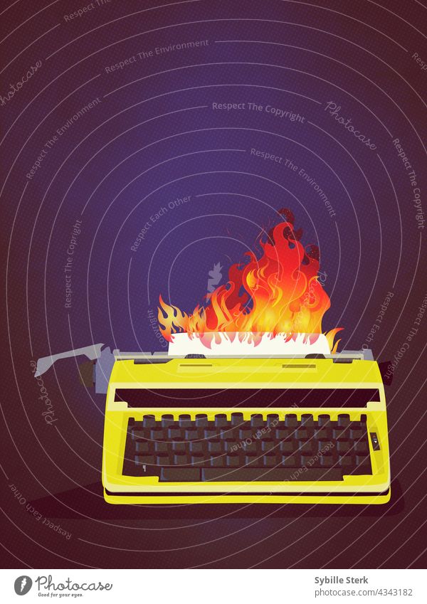 Bright yellow retro typewritter with paper on fire yellow typewriter flames conceptual writing typing hot topic blog vlog author vintage