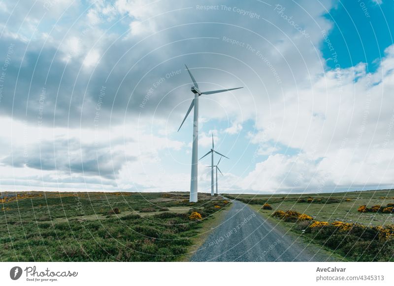 Wind Turbines Windmill Energy on the nature, during a super sunny day, with copy space and a lot of air electricity power renewable turbine windmill energy