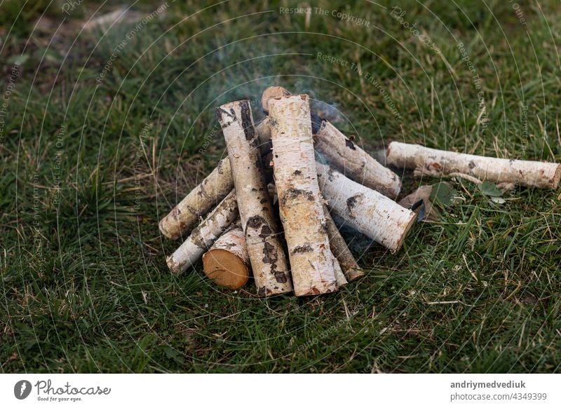 birch firewood stacked to light a bonfire on the grass place for firewood campfire alternative background environment board burn burner energy fireplace flame